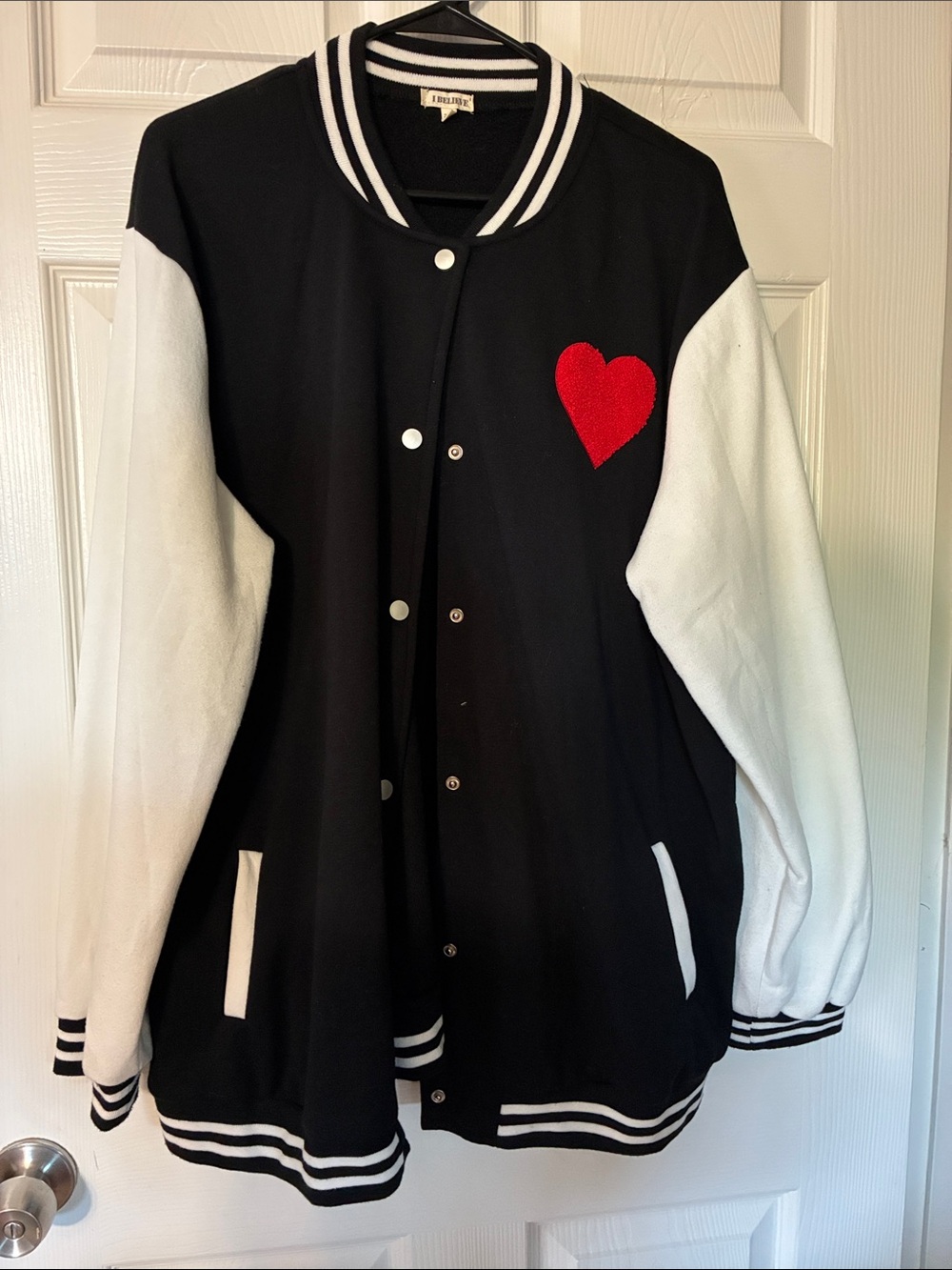 Black & White Varsity Jacket with Red Heart Patch
